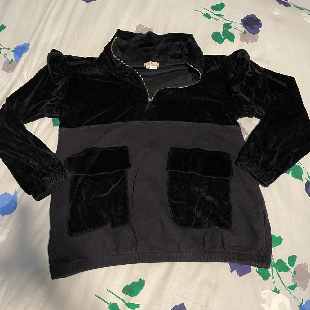 Kate Spade Velour Ruffle Sweatshirt Half Zip Pullover Black S